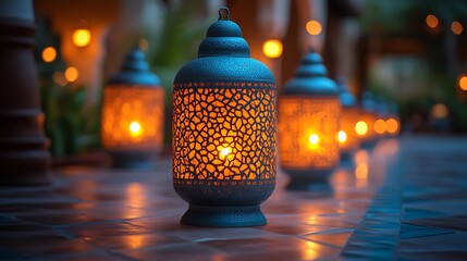 Exquisite candle-lit lanterns casting enchanting patterns of light on a blue-themed night celebration