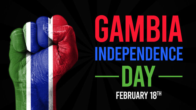February 18th is celebrated as Gambia Independence Day, flag painted on the fist backdrop