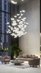 Stunning Modern Architectural Design with Exquisite Butterfly Chandelier, Luxurious Living Room Interior