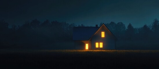 Cozy house illuminated at night surrounded by dark landscape with space for customizable text or message