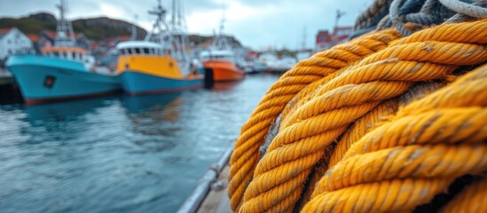 Close-up of vibrant yellow ropes coiled at a bustling fisherman harbor with colorful boats in the background under a cloudy sky.