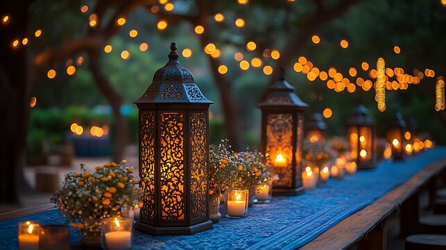 Ornate lanterns and assorted candles radiating warmth and charm in a deep blue night ambiance