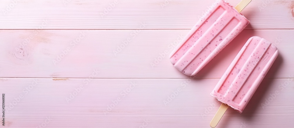 Poster healthy berry ice cream popsicles on a wooden table with empty space for text in a bright and inviti