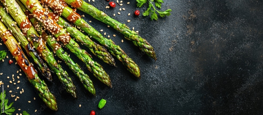 Poster grilled asparagus drizzled with ginger sauce and sprinkled with sesame seeds on dark background with