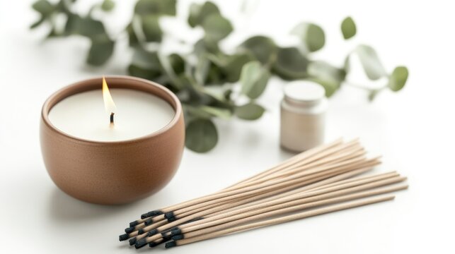 Meditation essentials featuring incense sticks, a scented candle, and greenery for a calming atmosphere