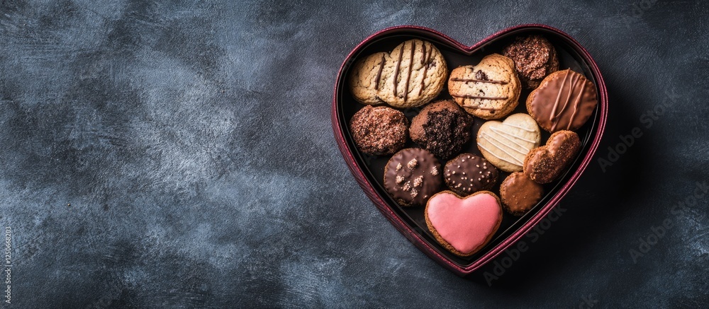 Poster heart shaped box filled with assorted cookies on dark background with empty space for text celebrati