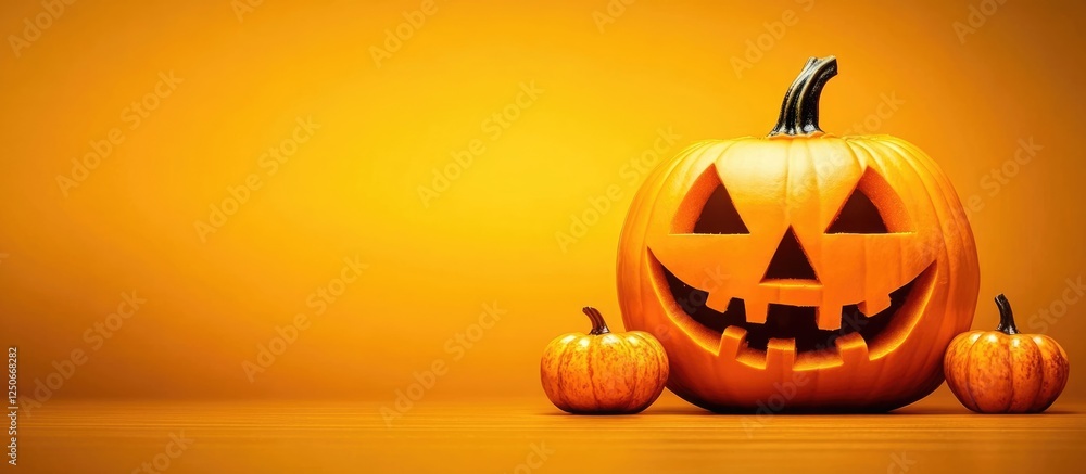 Poster halloween backdrop featuring a grinning jack o'lantern with vibrant orange color and ample empty spa