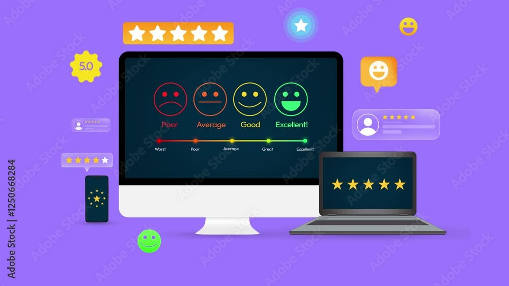 Poster feedback and reviews by customers concept 4k animation with colorful stars and shapes floating aroun