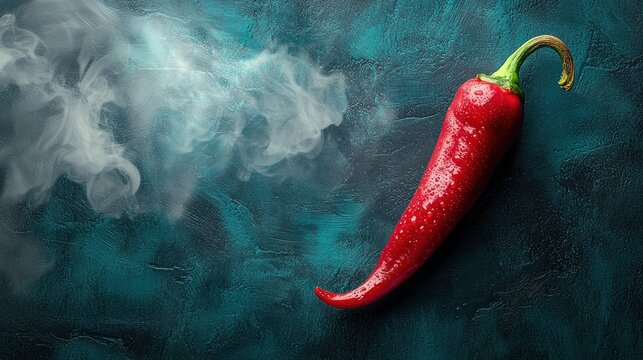 Red chili pepper rests on dark surface as smoke rises. Use for food blog header