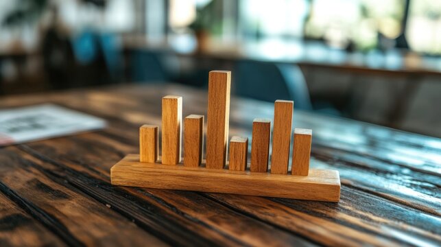 Wooden bar chart model on a rustic table representing data analytics and statistics in a modern office setting.