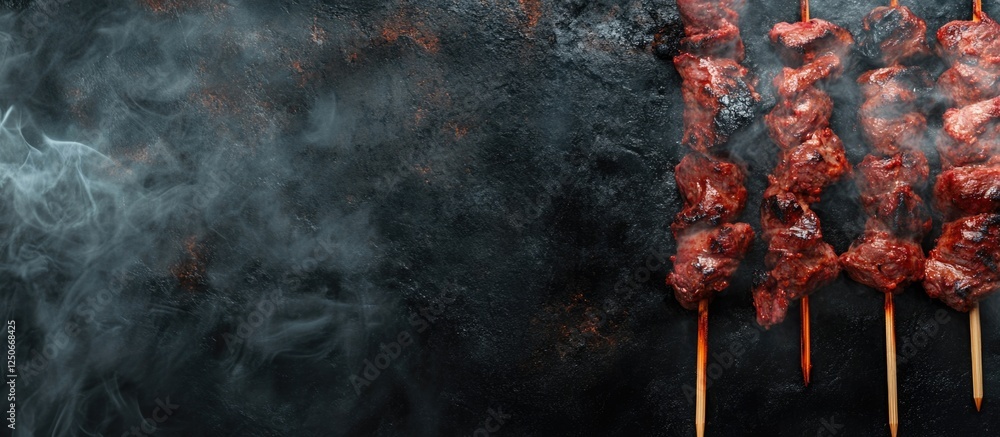 Poster grilled meat skewers on charcoal with smoke creating a tempting atmosphere and empty space for text 