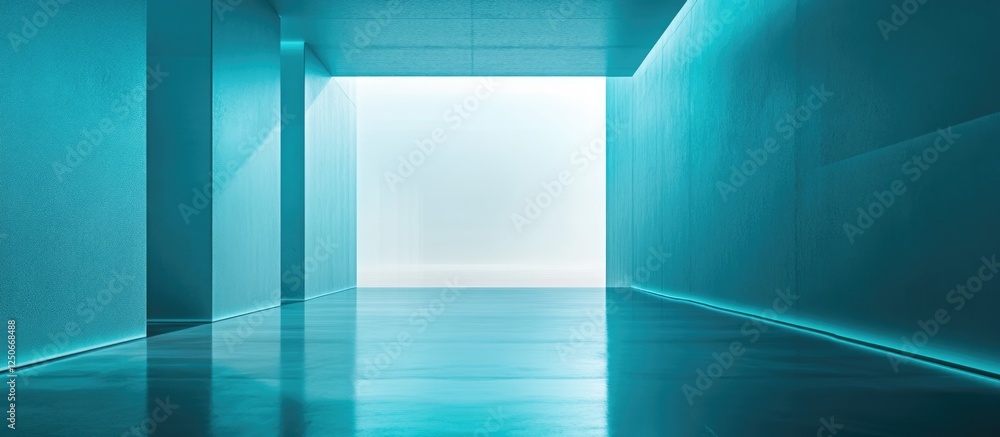 Poster high tech data center with cool blue and teal lighting and spacious empty area for text or graphic o