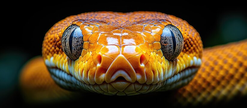 Close-up portrait of an Indian python showcasing its vibrant scales and unique facial features against a dark background.