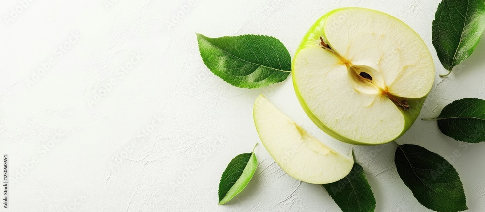 Aufkleber fresh half peeled green apple surrounded by leaves with empty space for text or branding use