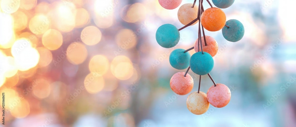 Poster pastel orbs hanging on branch with bokeh background