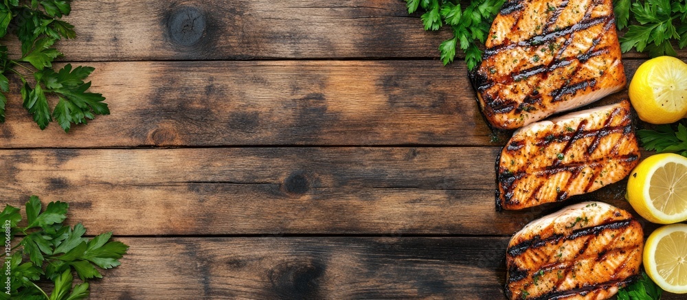 Poster grilled fish garnished with lemon and parsley on rustic wooden table with ample empty space for culi