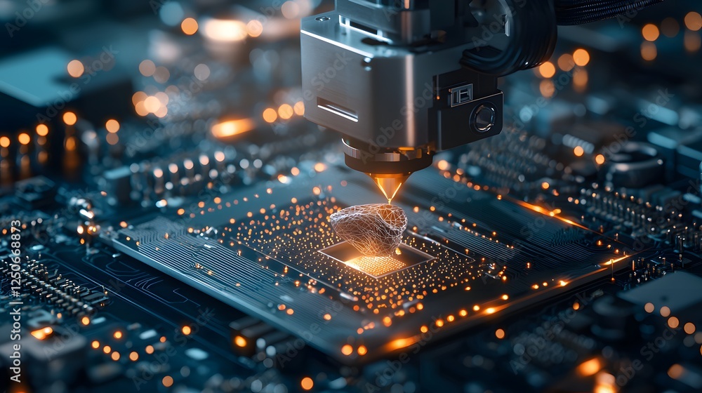 Poster macro view of a metallic circuit board with a glowing microchip and sparks of electricity showcasing
