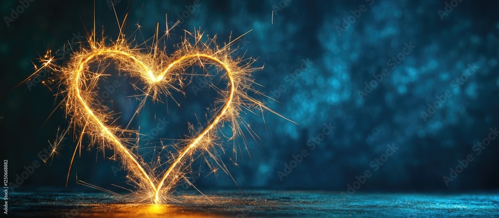 Poster heart shaped sparkler glowing on dark blue background with ample empty space for text and creative d