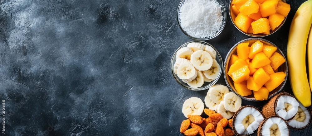 Poster assorted healthy breakfast ingredients including mango banana coconut and dried apricots with empty 