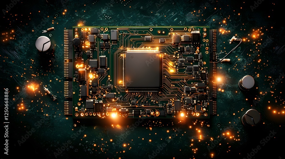 Aufkleber close up view of a complex electronic circuit board with glowing microchips connections and futurist