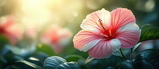 Obraz premium Vibrant Hawaiian Hibiscus Flower Macro Shot with Green Leaves and Soft Light Background in Tropical Garden Setting