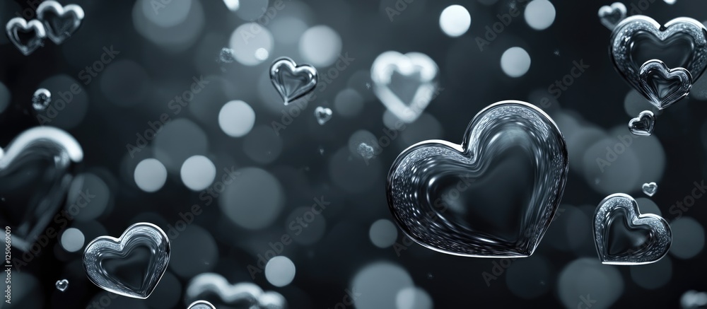Poster luminescent grey hearts floating in dark bubbles background with text placeholder for creative desig