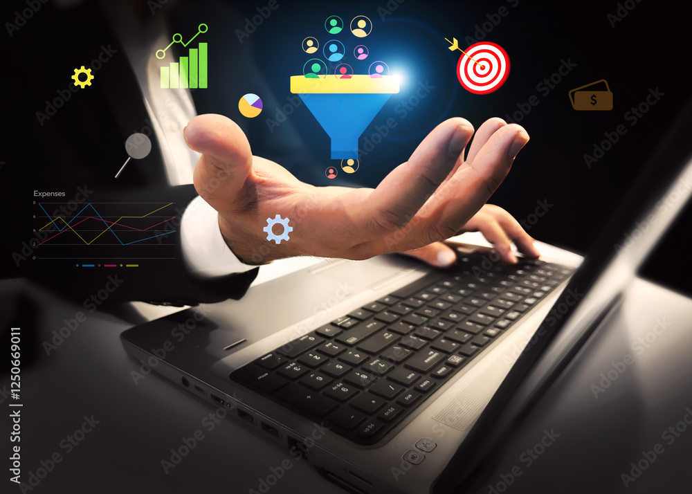 Aufkleber generating business leads and customers concept with colorful shapes floating over the hand and lapt