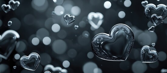 Luminescent Grey Hearts Floating in Dark Bubbles Background with Text Placeholder for Creative Designs