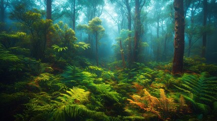 Fototapeta premium Enchanted Forest: A Mystical Realm of Ferns and Fog