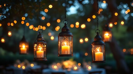 Hanging and table lanterns glowing softly with candlelight adding warmth to a deep blue night celebration