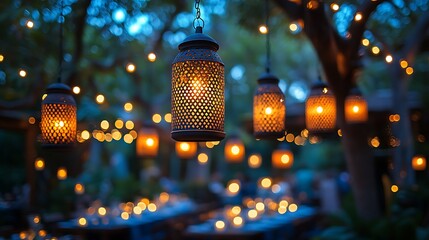 Hanging and table lanterns glowing softly with candlelight adding warmth to a deep blue night celebration