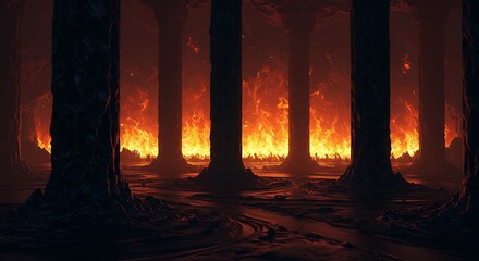 Obraz premium Inferno Forest Landscape with Burning Fire and Dark Tree Trunks