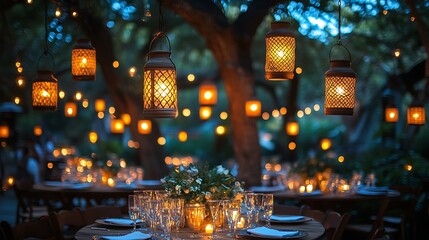 Hanging and table lanterns glowing softly with candlelight adding warmth to a deep blue night celebration
