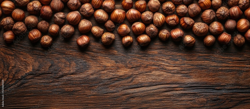 Poster hazelnuts arranged on a wooden surface creating a natural and textured background ideal for food and