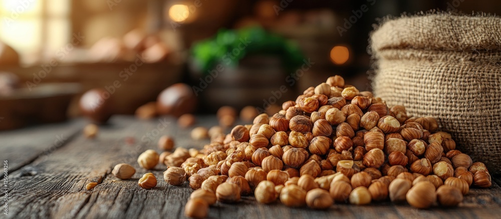 Aufkleber hazelnut kernels and whole nuts on rustic wooden table with warm lighting and selective focus for a 