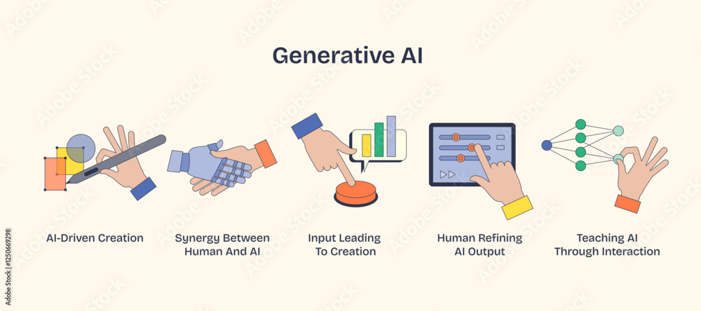 Poster generative ai illustrated with hands interacting with tech, showing creation and synergy. neubrutali