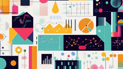 Epidemiological data visualization with various studies and collection techniques illustrated through colorful abstract graphics and charts.
