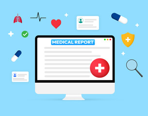 Health and Online medical report concept design with screen and floating shapes around it. Medical checkup report on the screen, digital, test, health