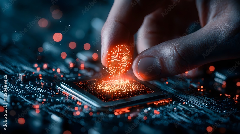 Poster close up view of a person s hand gently touching a glowing illuminated circuit board symbolizing the
