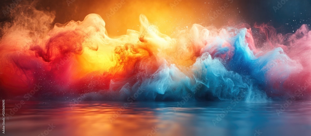 Poster vibrant watercolor ink explosion in water creating colorful abstract waves with a serene reflective 