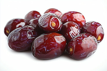 Obraz premium Artfully arranged glossy red dates on a clean white background, ideal for culinary promotions, health-related events, and festive occasions like Ramadan.