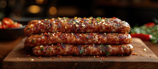 Savory Spanish Fuet Sausages Seasoned with Pepper and Herbs Displayed on a Rustic Wooden Board Food Photography Background