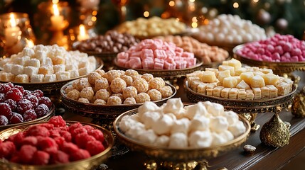 Colorful assorted sweets in ornate golden bowls arranged on a festive table with soft candlelight in the background