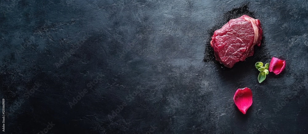 Aufkleber grilled beef tenderloin on black slate surrounded by rose petals and empty space for custom text pla