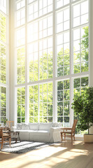 Fototapeta premium A spacious living room with large windows, wooden furniture, and a soft white linen sofa. The sunlight shines through the window onto the floor in front of it, creating an atmosphere full of 