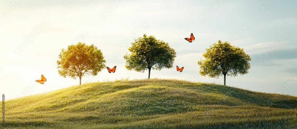 Poster serene hillside with a group of trees and butterflies in natural light providing ample space for tex