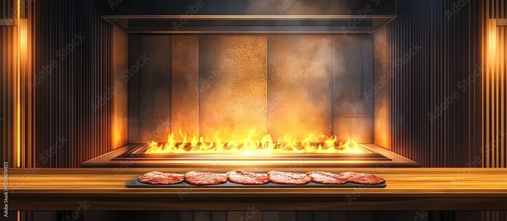 Poster grilled meat sizzling over an open flame in a restaurant setting with ample space for text overlay t