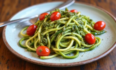 Delicious pasta with pesto and tomatoes