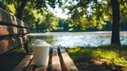 Ice Cream Tub on Rustic Wooden Bench Near Serene Water and Lush Green Trees in Summer Sunlight