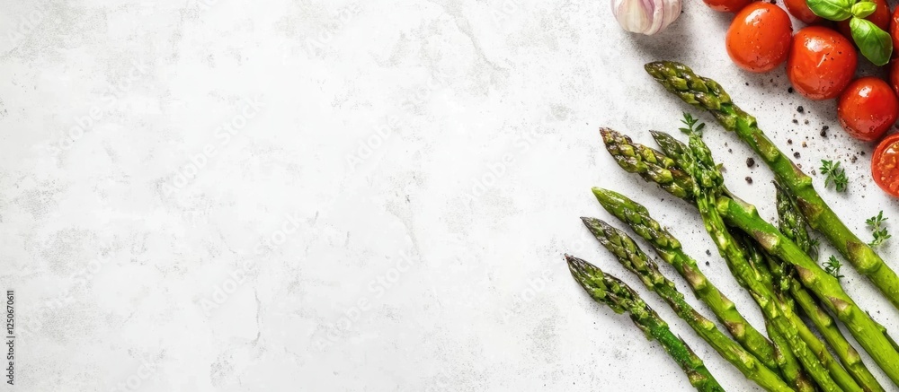 Poster grilled steak served with asparagus and roasted tomatoes on a textured surface featuring ample copy 